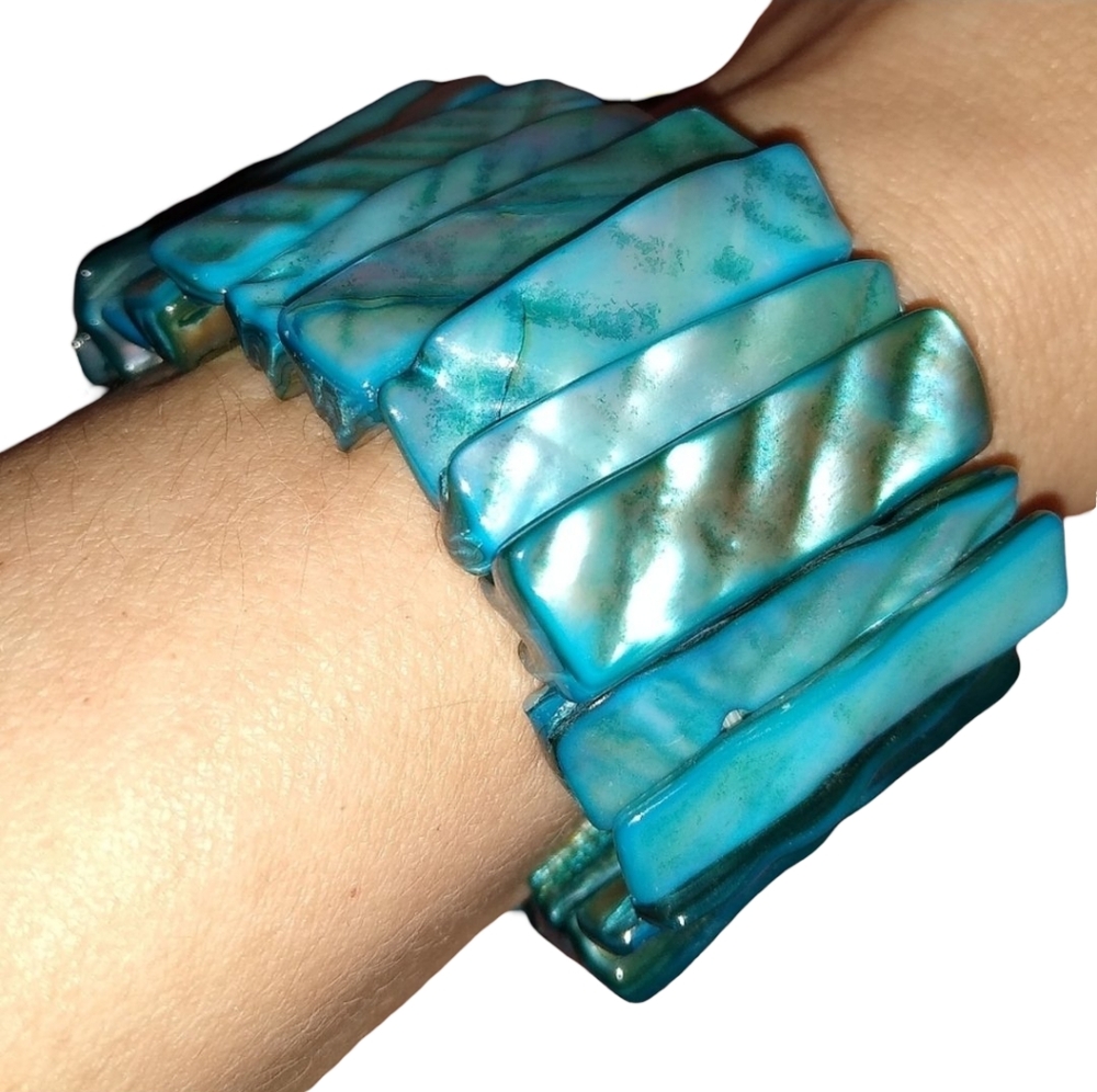 Turquoise Teal Blue Shell Bracelet Big Chunky Cuff Thick Stretch Mother of Pearl